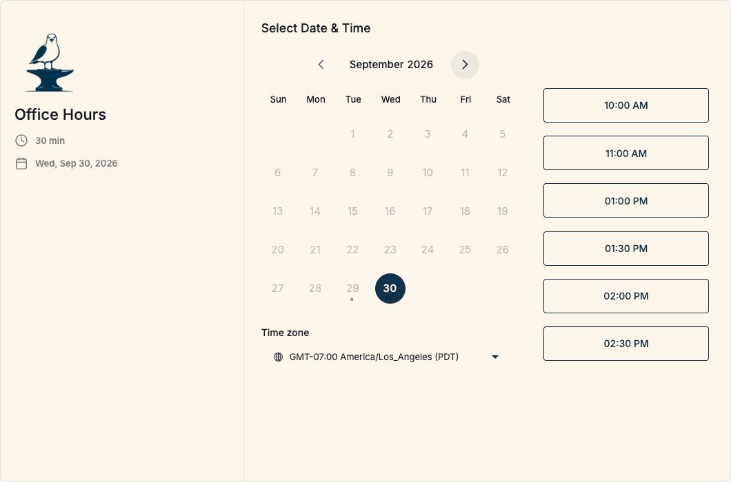 Laguna Foundry’s Office Hours booking calendar with available dates and appointment times.